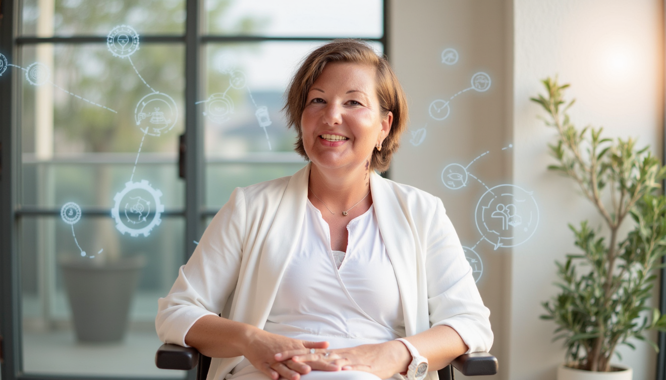 Eine lächelnde Frau in einem weißen Outfit sitzt entspannt in einem modernen Büro mit großen Fenstern. Im Hintergrund schweben digitale Symbole, die Themen wie Technologie, Vernetzung und Digitalisierung darstellen. Eine grüne Pflanze steht rechts neben ihr, was eine angenehme, natürliche Atmosphäre schafft.
