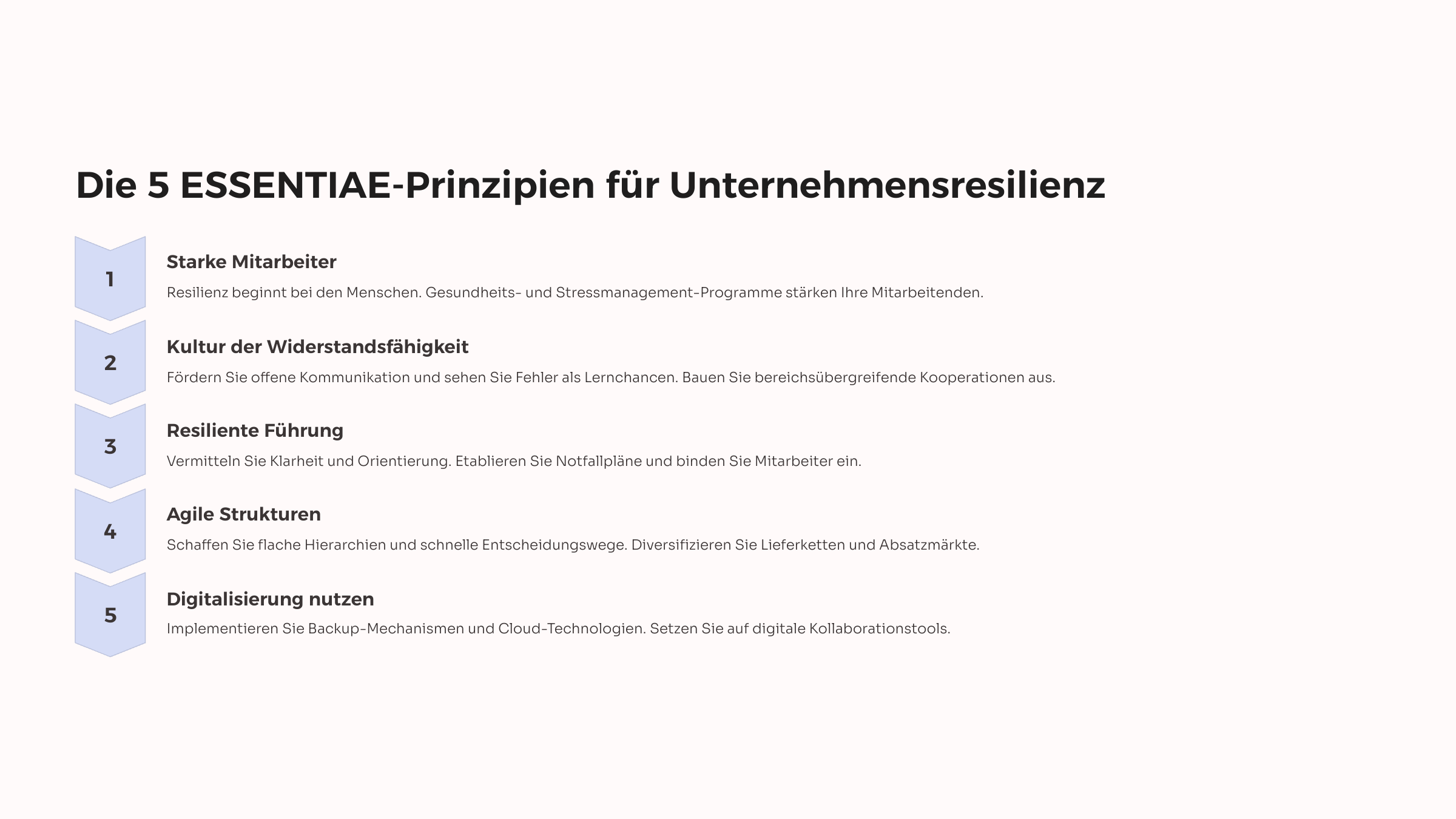 Eine Infografik mit dem Titel „Die 5 ESSENTIAE-Prinzipien für Unternehmensresilienz“. Sie zeigt fünf Prinzipien mit nummerierten Symbolen und kurzen Beschreibungen: Starke Mitarbeiter – Gesundheits- und Stressmanagement-Programme stärken Mitarbeitende. Kultur der Widerstandsfähigkeit – Offene Kommunikation und Lernen aus Fehlern fördern. Resiliente Führung – Klarheit und Orientierung vermitteln, Notfallpläne etablieren. Agile Strukturen – Flache Hierarchien, schnelle Entscheidungen, diversifizierte Lieferketten. Digitalisierung nutzen – Backup-Mechanismen und Cloud-Technologien implementieren.