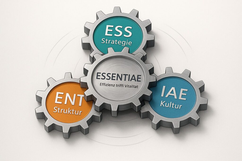 Drei farbige Zahnräder mit den Bezeichnungen „ESS – Strategie“, „ENT – Struktur“ und „IAE – Kultur“ greifen ineinander und treiben ein zentrales, größeres Zahnrad mit dem Schriftzug „ESSENTIAE – Effizienz trifft Vitalität“ an. Das Bild visualisiert die Zusammenarbeit von Strategie, Struktur und Kultur für nachhaltige Effizienz.